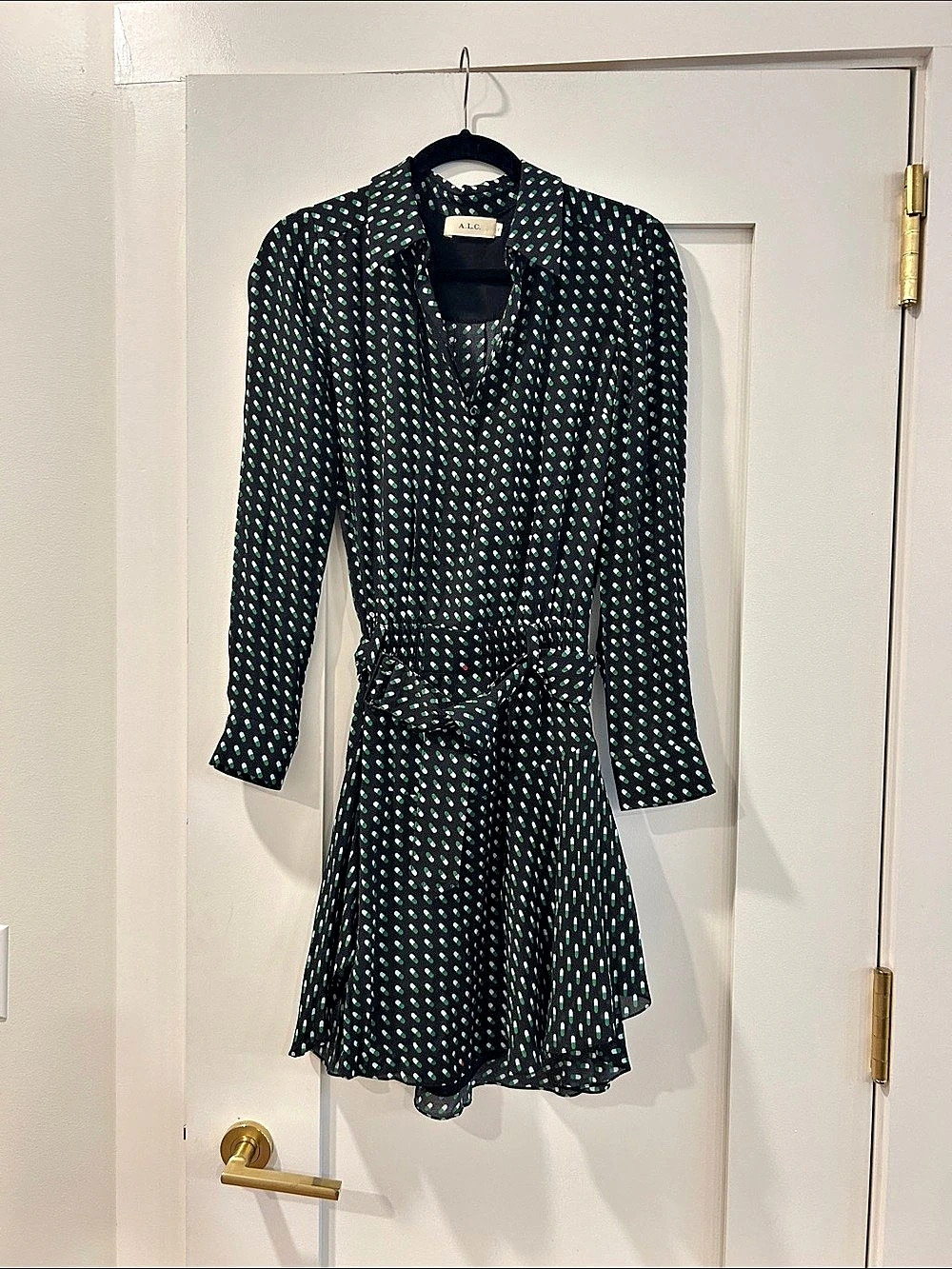 A.L.C. Green Pill Print Silk Long Sleeve Mini Dress Black & Green Size 2